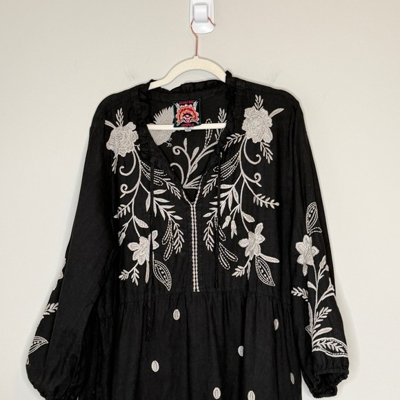 Johnny Was Black Linen Embroidered Frankie Tiered Field Dress Bird Boho Large - Picture 6 of 15